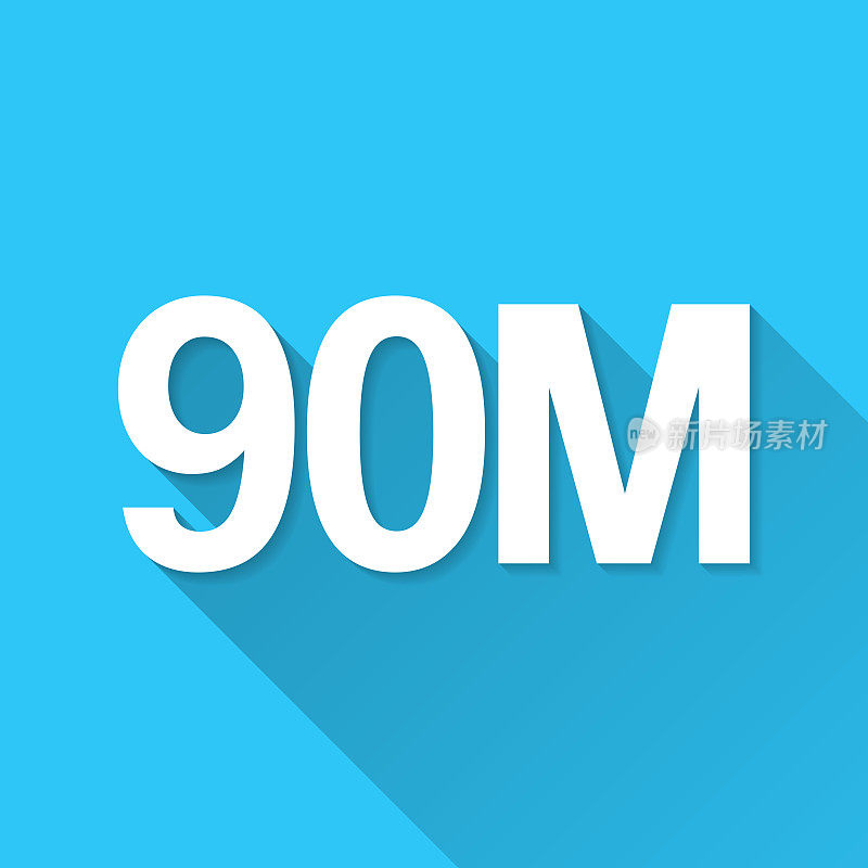 90M - 9000万。图标在蓝色背景-平面设计与长阴影